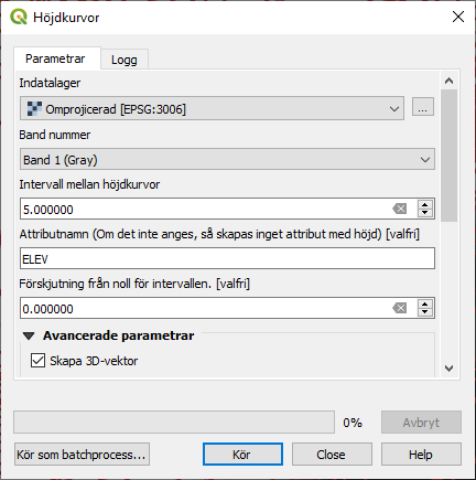 Dialog box with filled in settings for creating height curves.