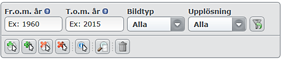 Ruta med ifyllbara fält med rubrikerna "fr.o.m. år", "t.o.m. år", "bildtyp" och "upplösning" samt en rad ikoner.