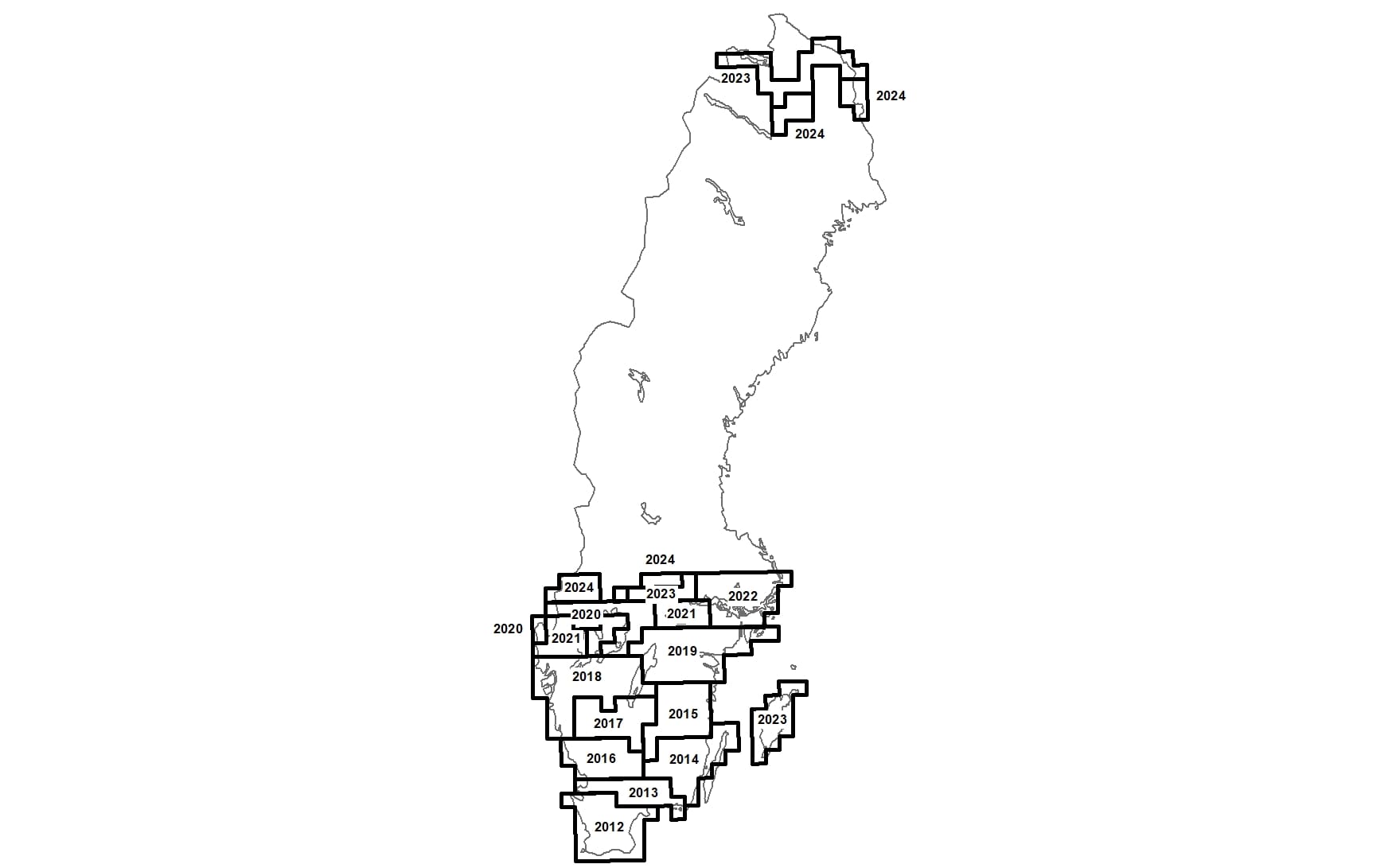 Map of Sweden showing the areas where the height reference network has been inventoried during the years 2012-2023. In general, the inventory has been done from south and northwards, starting from Skåne in 2012 and reaching the areas around the lakes Vänern and Hjälmaren in 2020-2023. During 2023 inventory of Gotland and an area in the farthest north was done. For 2024 inventory of an area north of lake Vänern and and an area in the farthest north is planned.