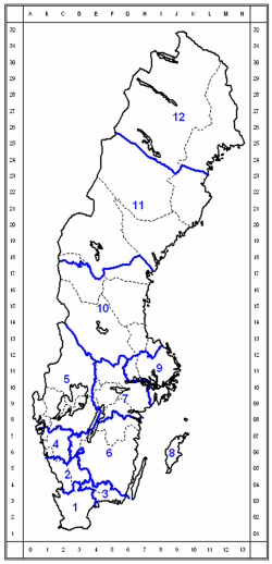 Karta som visar de tolv regionsystemens utbredning.