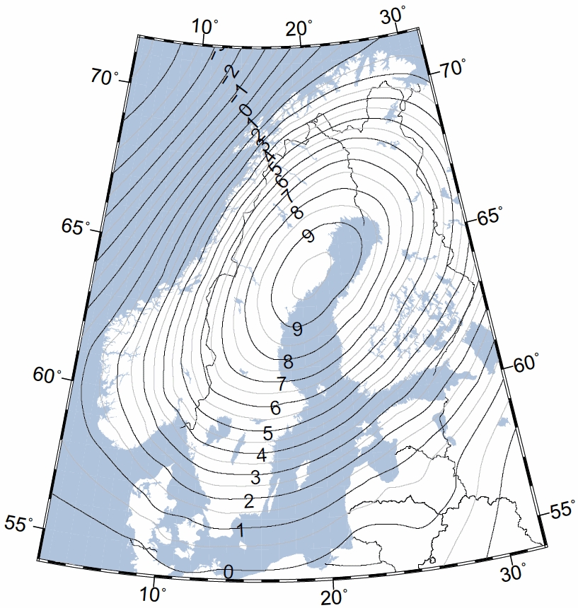 Map showing levelled land uplift according to the NKG2016LU land uplift model.