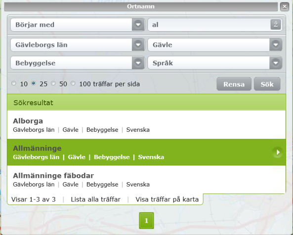 Filtreringsruta med rubriken "Ortnamn". Val som är ifyllda: Börjar med "al", Gävleborgs län, Gävle, Bebyggelse, Språk. Lista med resultat i rull-lista nedanför.