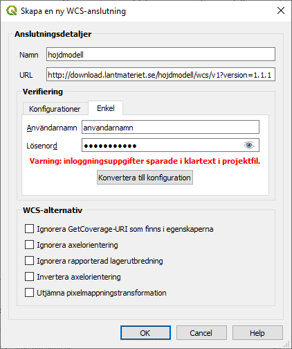 Dialogruta med ifyllda inställningar för att ansluta till tjänsten.