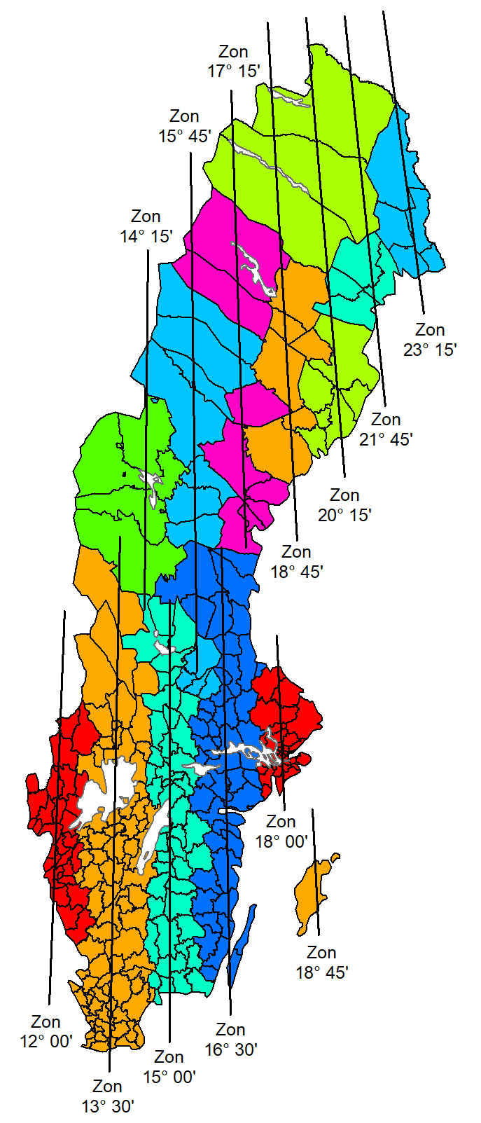 Map of the use of local projection zones for SWEREF 99.