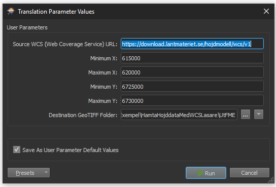 Dialog box with complete settings for parameters according to step 6