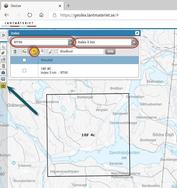 Screenshot example from the GeoLex e-service showing which fields and buttons should be used to perform a search on a map sheet.