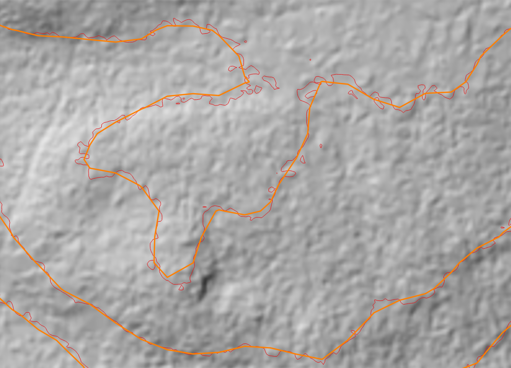 Examples from height curves from the height model, a gray background with winding orange lines