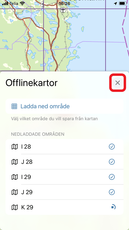 Skärmklipp som visar ikonen för att avsluta offlinefunktionen och återgå till vanliga kartvyn. Ikonen är ett kryss.