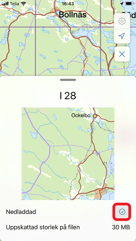 Skärmklipp som visar vilken information du får upp om din nedladdning när du klickar på raden för nedladdningen. Ikonen för att kunna radera nedladdningen, en blå bock, är inringad med en röd cirkel.  