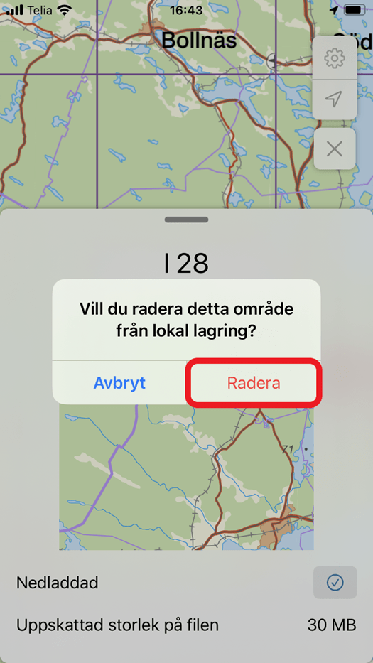 Skärmklipp som visar nästa steg i att radera en nedladdning, en dialogruta med frågan "Vill du radera detta område från lokal lagring?" samt svaren "Avbryt" och "Radera".